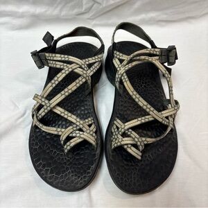 Chaco Women's Black Sandals with Tan Patterned Straps